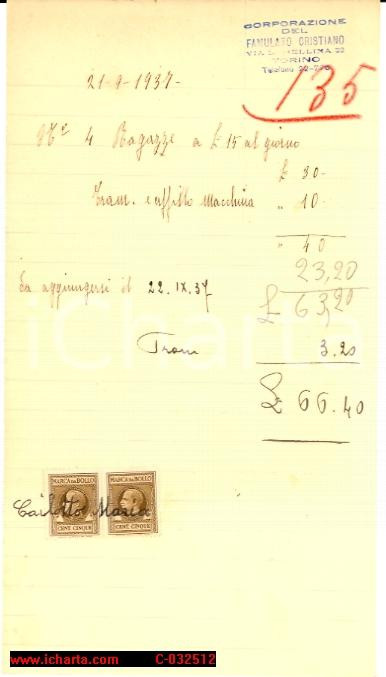 Documento originale, autentico 1937 FAMULATO CRISTIANO Ricevuta per 4 ragazze 1