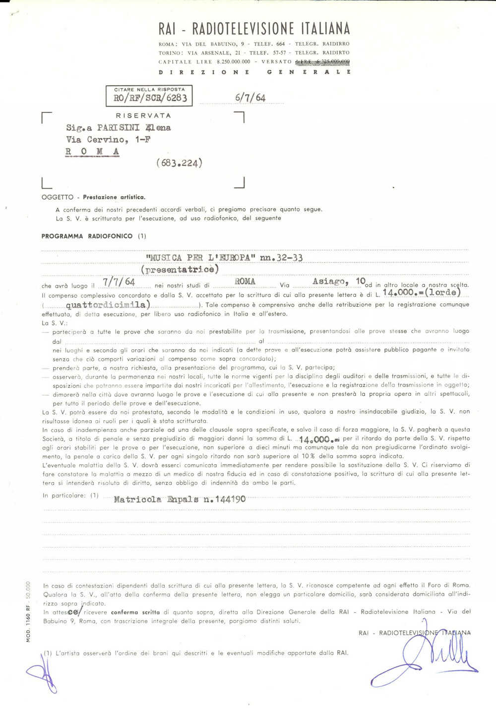 Documento originale, autentico 1964 RAI ROMA Contratto prestazione artistica per Elsa PARISINI Programma radio 1