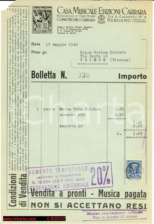 Manoscritto, lettera originale 1940 BERGAMO Casa Musicale Edizioni CARRARA Acquisto disco Rosina CROVATO 1