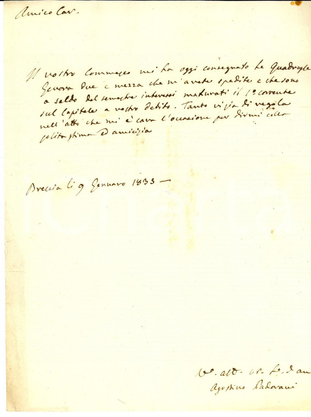 Documento originale, autentico 1835 BRESCIA Ricevuta di Agostino PADOVANI a Pietro BORGHETTI per interessi 1