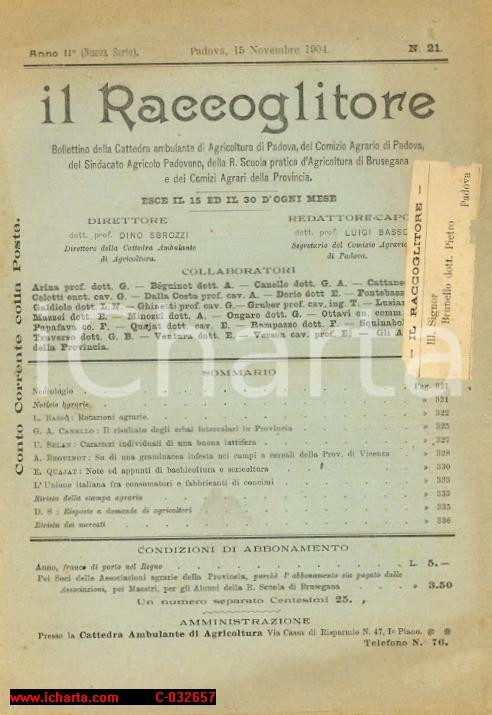 Giornale, rivista storica 1904 PADOVA Il Raccoglitore, Bollettino Cattedra Ambulante di Agricoltura 1