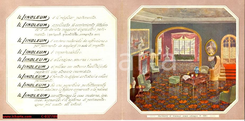 Materiale pubblicitario d’epoca 1950 LINOLEUM miglior pavimento, reclame d'epoca 1