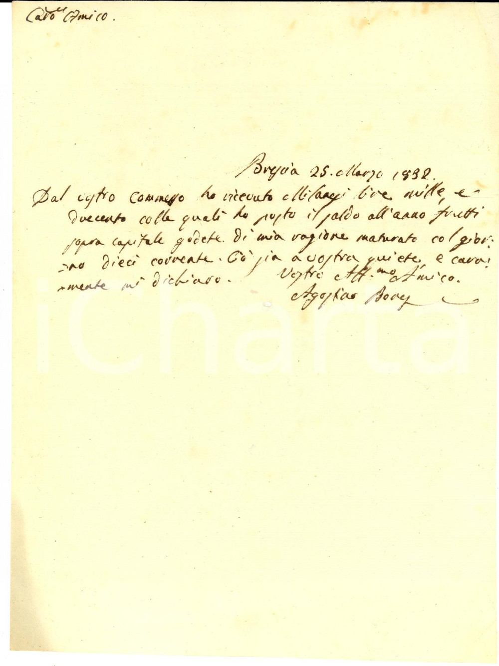 Documento originale, autentico 1832 BRESCIA Ricevuta di Agostino BOVES a Pietro BORGHETTI per saldo frutti 1