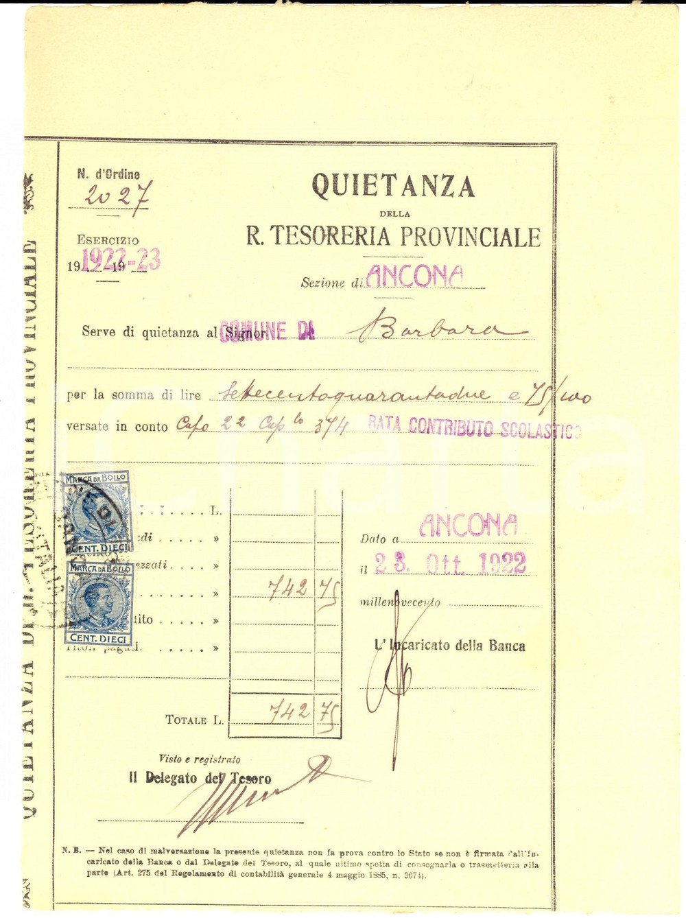 Documento originale, autentico 1922 BARBARA (AN) Versamento contributo scolastico *Ricevuta bolli 10 cent. 1