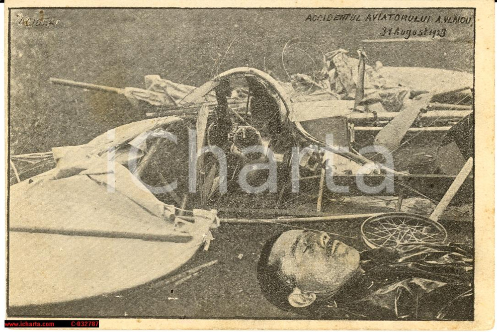 Cartolina originale da collezione 1913 Aviazione incidente mortale AUREL VLAICU 1