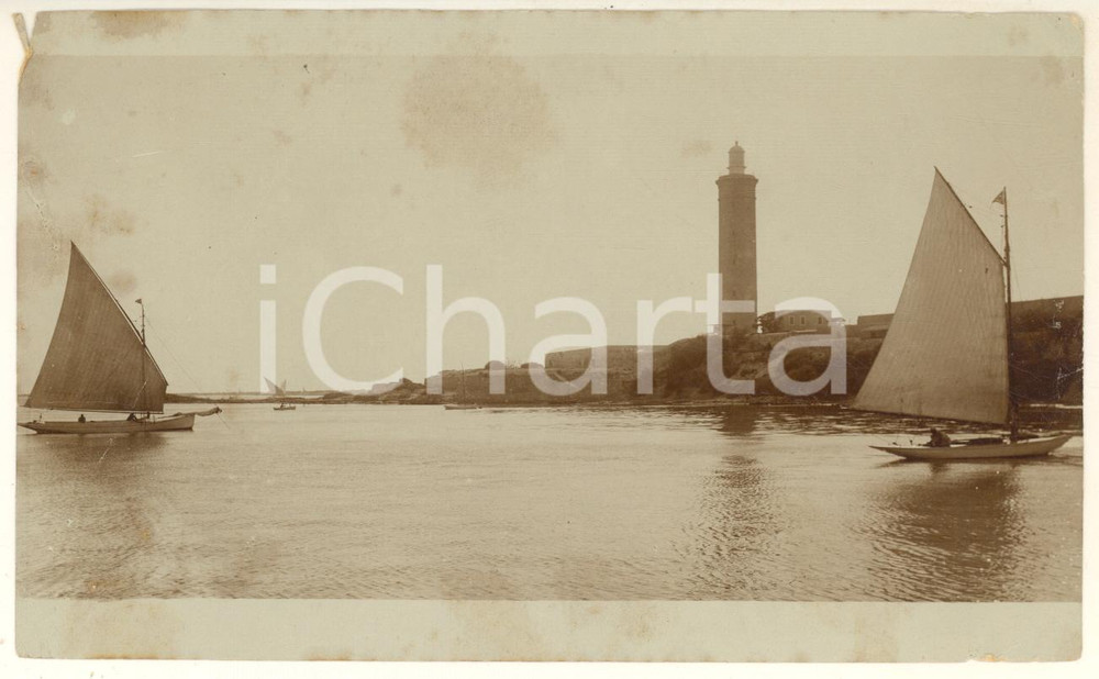 Fotografia d epoca originale 1900 ca ALESSANDRIA EGITTO Veduta del faro dal porto Foto ANIMATA barche RARA 1