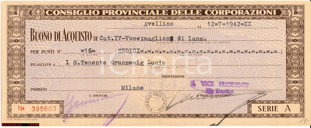Oggetto da collezione cartaceo 1942 CONSIGLIO CORPORAZIONI Buono acquisto maglion 1