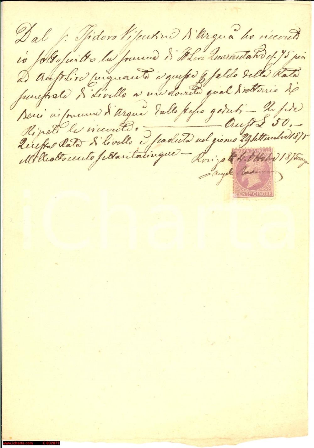Documento originale, autentico 1875 ARQUA  POLESINE RO Diritti beni Isidoro VISENTINI 1