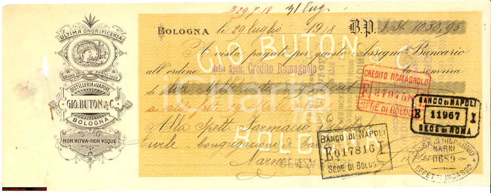 Oggetto da collezione cartaceo 1918 DISTILLERIA GIOVANNI BUTON assegno bancario 1