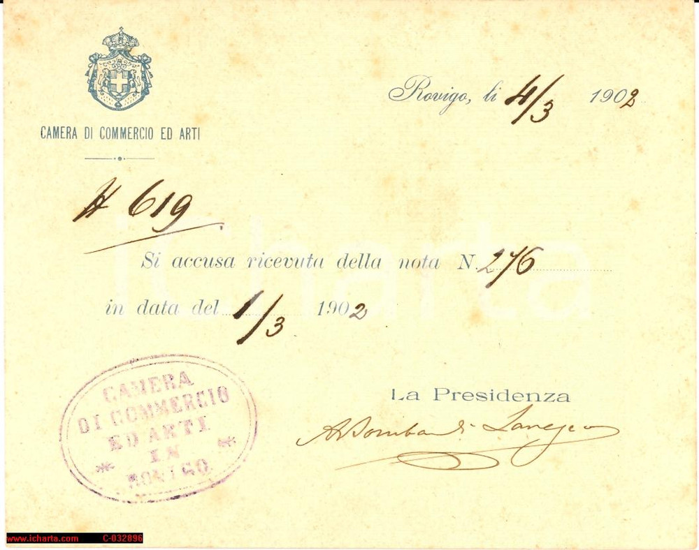 Documento originale, autentico 1902 ROVIGO Ricevuta Camera di Commercio ed Arti 1