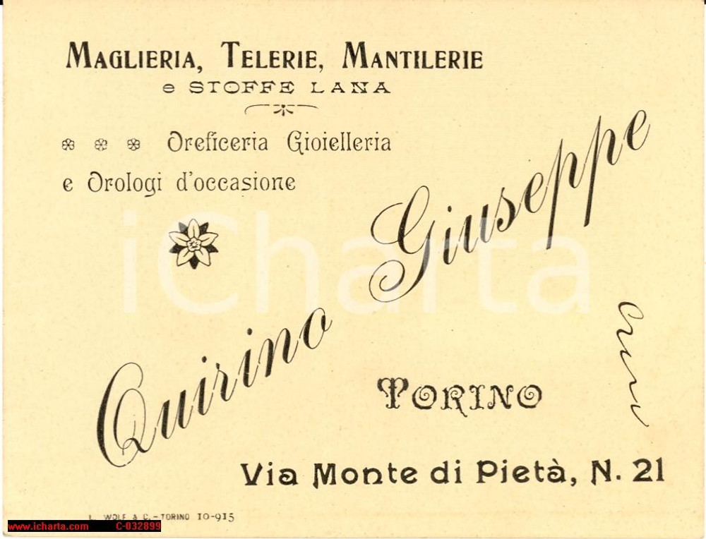 Materiale pubblicitario d’epoca 1915 TORINO Giuseppe QUIRINO vende pendenti con rose 1