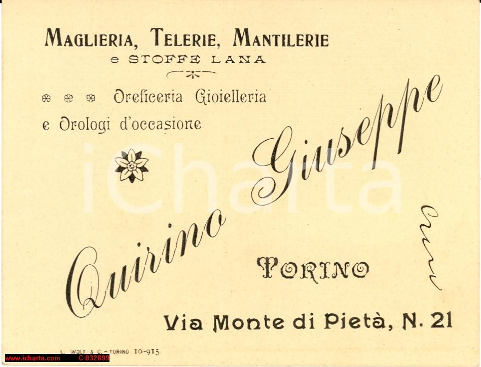 Materiale pubblicitario d’epoca 1915 TORINO Via Monte di Pietà 21Giuseppe QUIRINO Maglieria Oreficeria BIGLIETTO 1