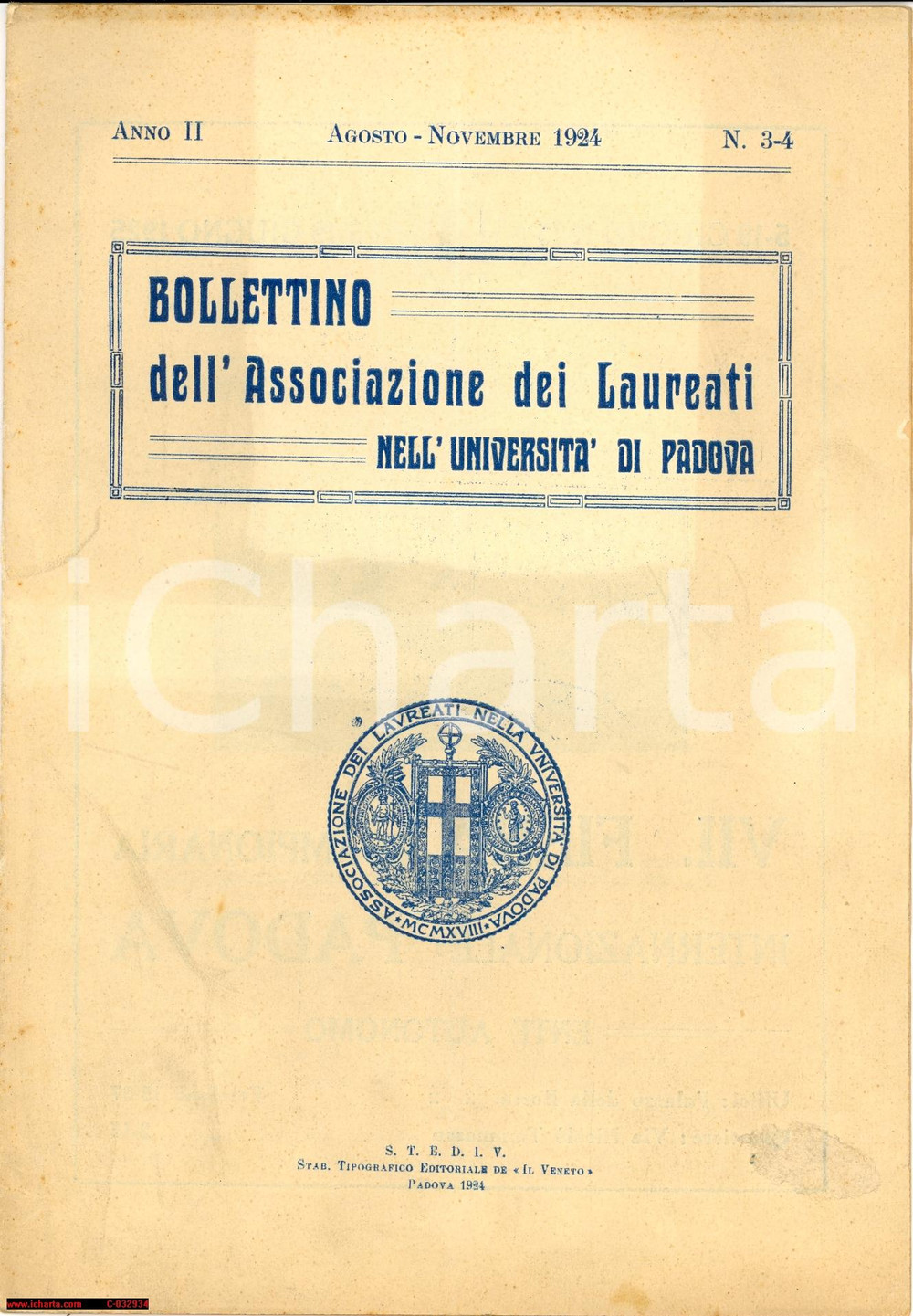 Giornale, rivista storica 1924  Bollettino Laureati UniversitÃ  Padova, lana 1