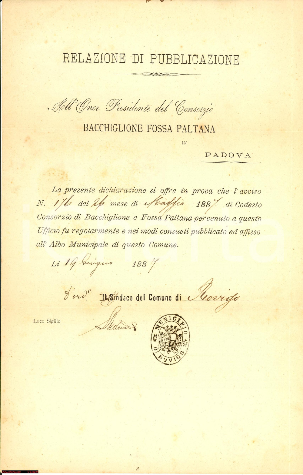 Documento originale, autentico 1887 Bacchiglione Fossa Paltana VIAGGIATA fr  De La Rue 1