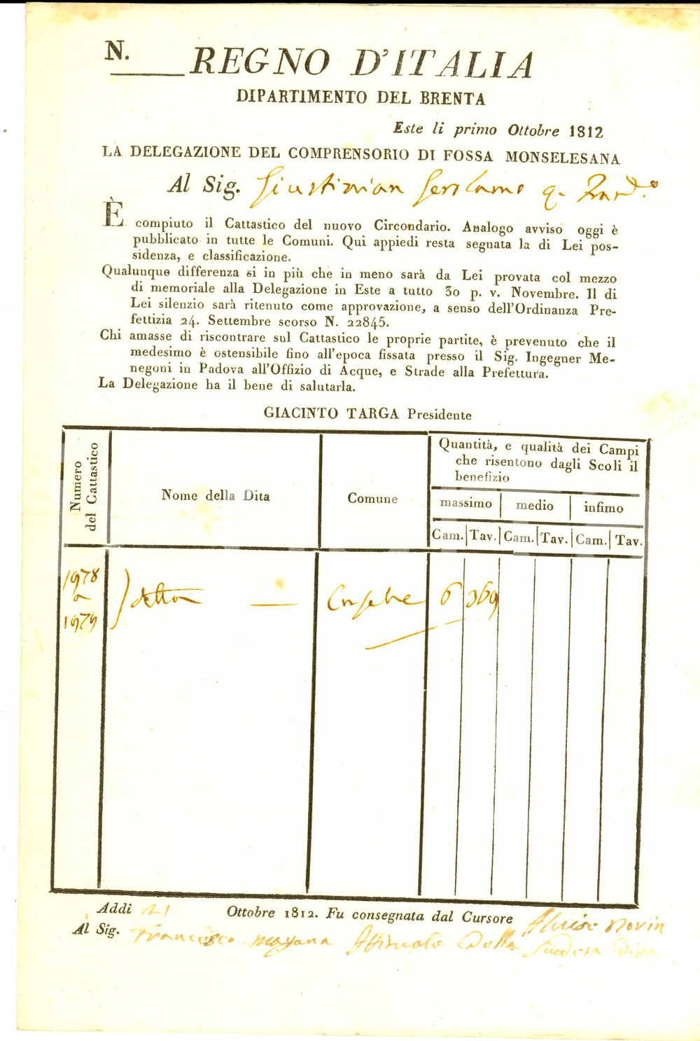 Documento originale, autentico 1812 CONSELVE (PD) Possedimenti di Gerolamo GIUSTINIAN Fossa MONSELESANA 1