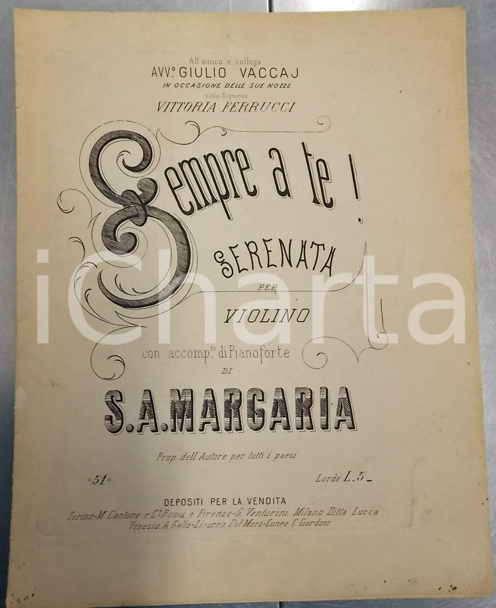 Oggetto da collezione cartaceo 1860 Sebastiano Augusto MARGARIA SEMPRE A TE! Serenata per violino Giulio VACCAJ 1