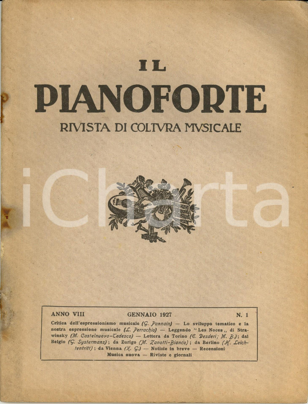 1927 IL PIANOFORTE Leggendo LES NOCES di Igor STRAVINSKIJ *Rivista Anno VIII nÂ°1 DATA: 15 gennaio 1927LUOGO: TORINOTITOLO: IL PIANOFORTE - RIVISTA DI COLTURA MUSICALE Anno VIII n. 1  DESCRIZIONE: Rivista musicale d'epoca. All'interno, un articolo di Mario Castelnuovo-Tedesco su "Les noces" di Igor Stravinskij.Pubblicit&agrave; d'epoca all'interno.PAGINE: 44  FORMATO: cm 19 x 24  CONDIZIONI: danneggiata (macchie di umidit&agrave; e pieghe alle brossure e alle pagine).  Rivista d'epoca, originale, autentica.     originale e autentica 1