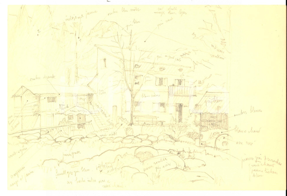 Opera d’arte autentica 1960 FRANCIA Bozzetto a matita di paesaggio alpino *Disegno d'artista 24x16 cm 1