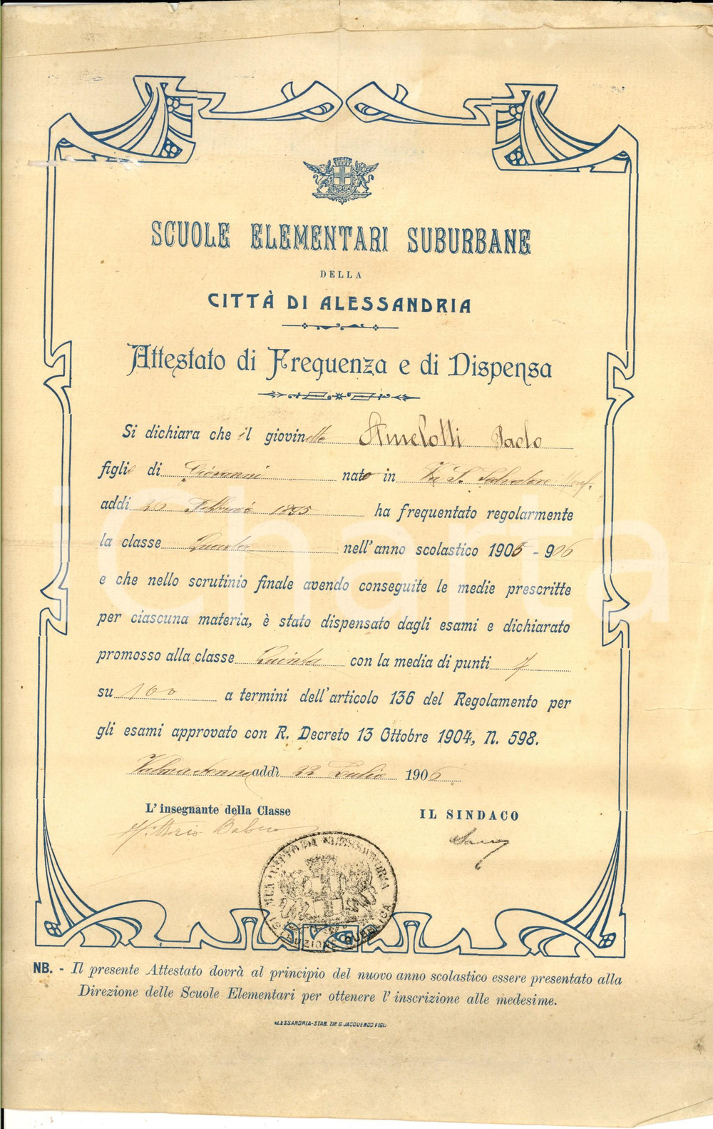 Oggetto da collezione cartaceo 1906 ALESSANDRIA Scuole Elementari - Attestato Paolo ANCELOTTI DANNEGGIATO 1