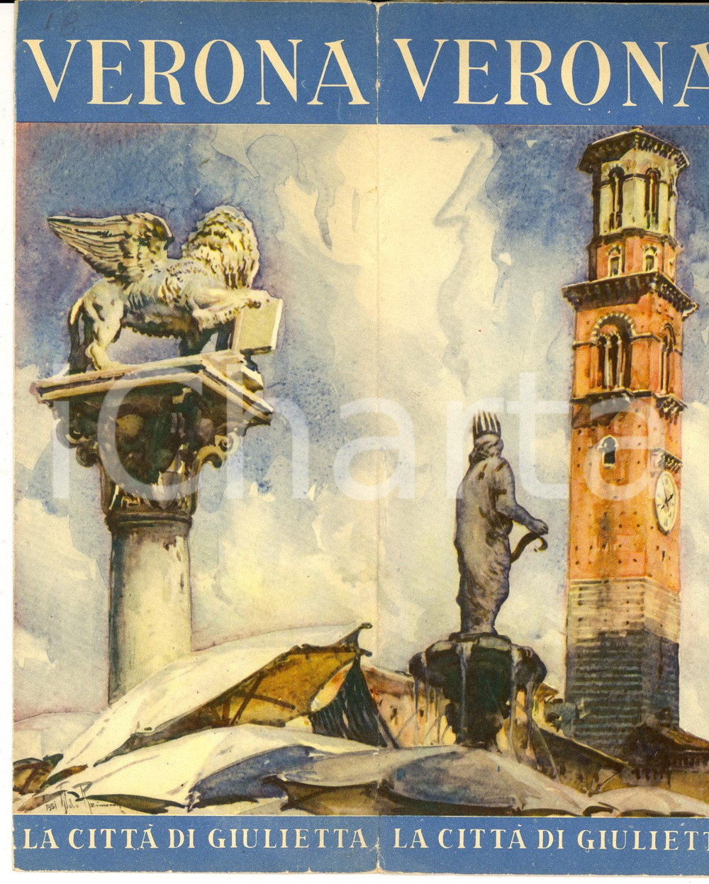 Materiale pubblicitario d’epoca 1950 VERONA Pieghevole turistico ILLUSTRATO con mappa VINTAGE 1