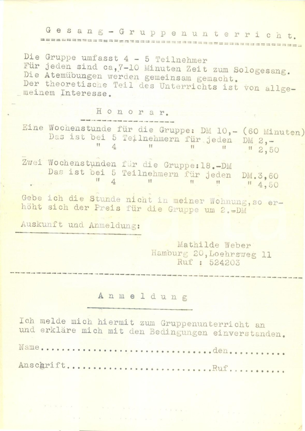 Manoscritto, lettera originale 1950 ca HAMBURG (DE) Mathilde WEBER dÃ  lezioni di canto in gruppo *Documento 1