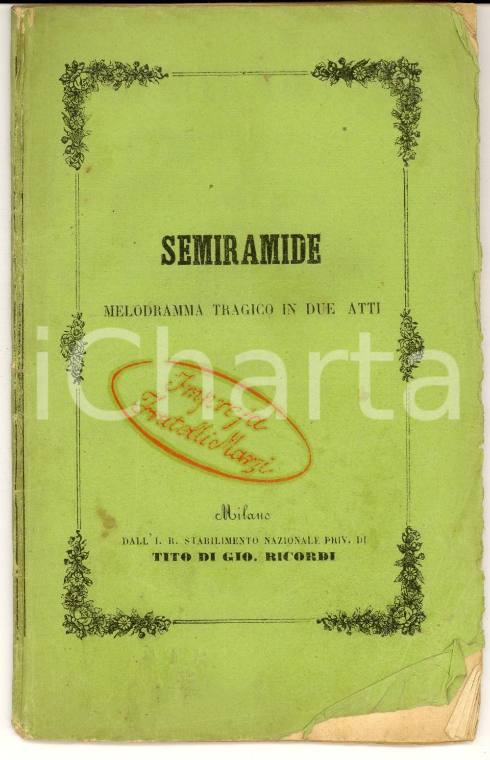 Oggetto da collezione cartaceo 1858 Gioacchino ROSSINI Semiramide - Melodramma Gaetano ROSSI *Tito RICORDI RARO 1