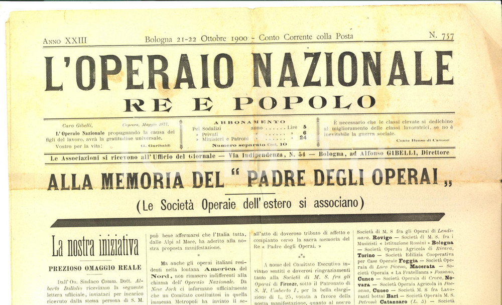 Giornale, rivista storica 1900 L'OPERAIO NAZIONALE SocietÃ  Operaie ricordano Umberto I padre degli operai 1
