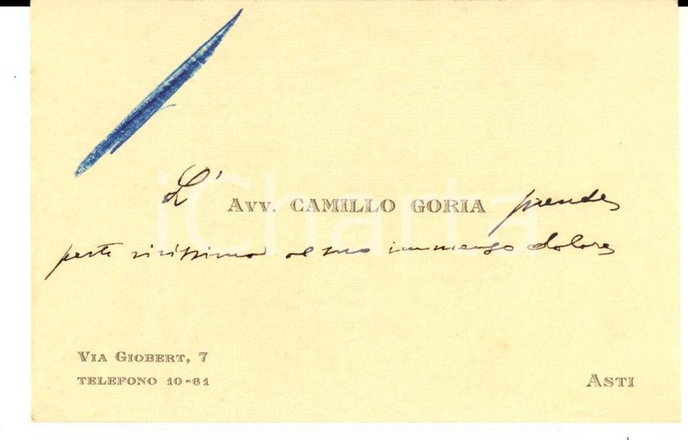 Autografo originale 1934 ASTI  Biglietto da visita dell'avv. Camillo GORIA *Autografo 1