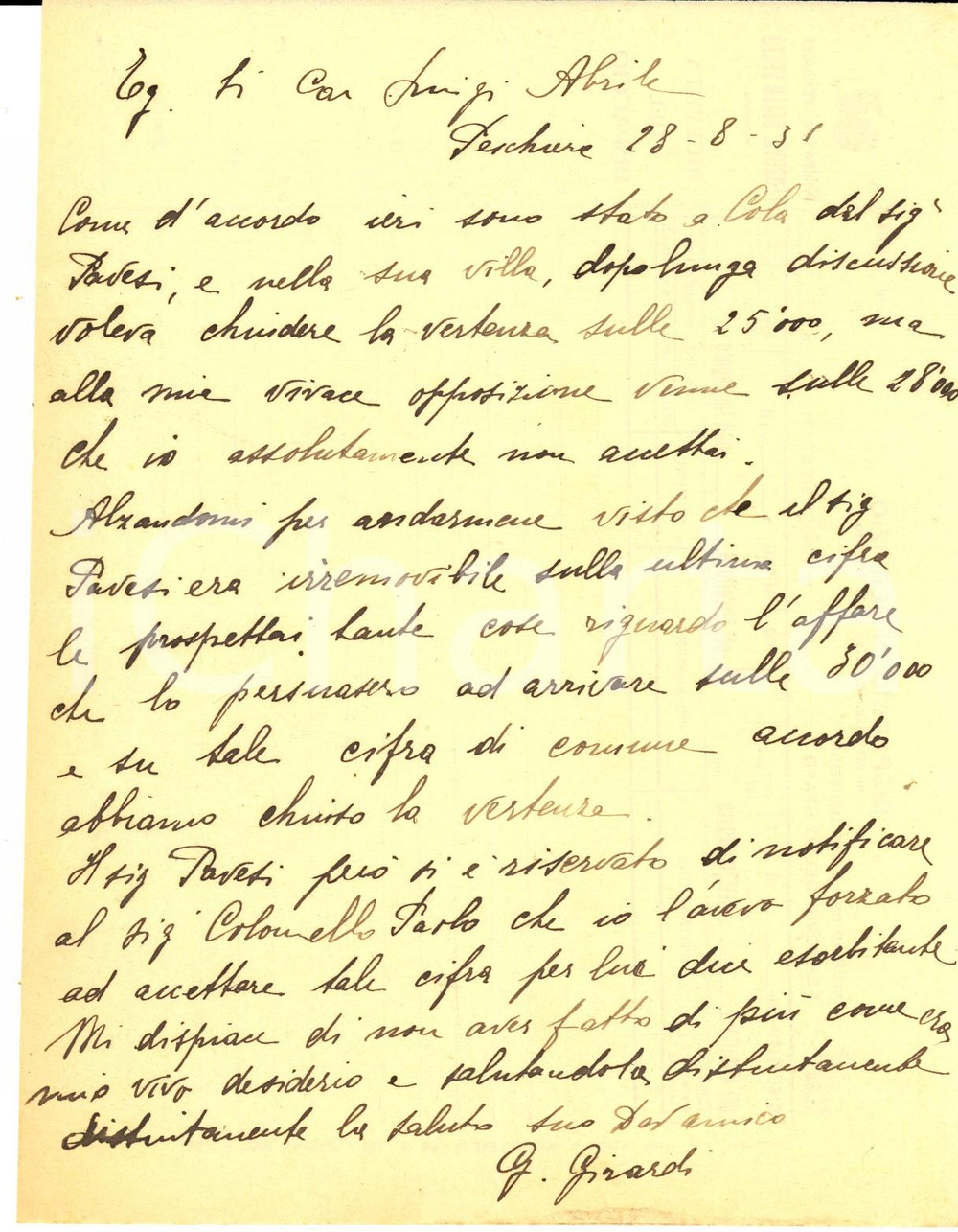 Manoscritto, lettera originale 1931 PESCHIERA DEL GARDA Giuseppe GIRARDI in difficile trattativa immobiliare 1