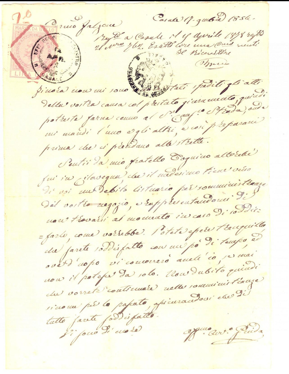 Manoscritto, lettera originale 1854 CASALE MONFERRATO Bernardino GUIDA promette saldo del debito del fratello 1