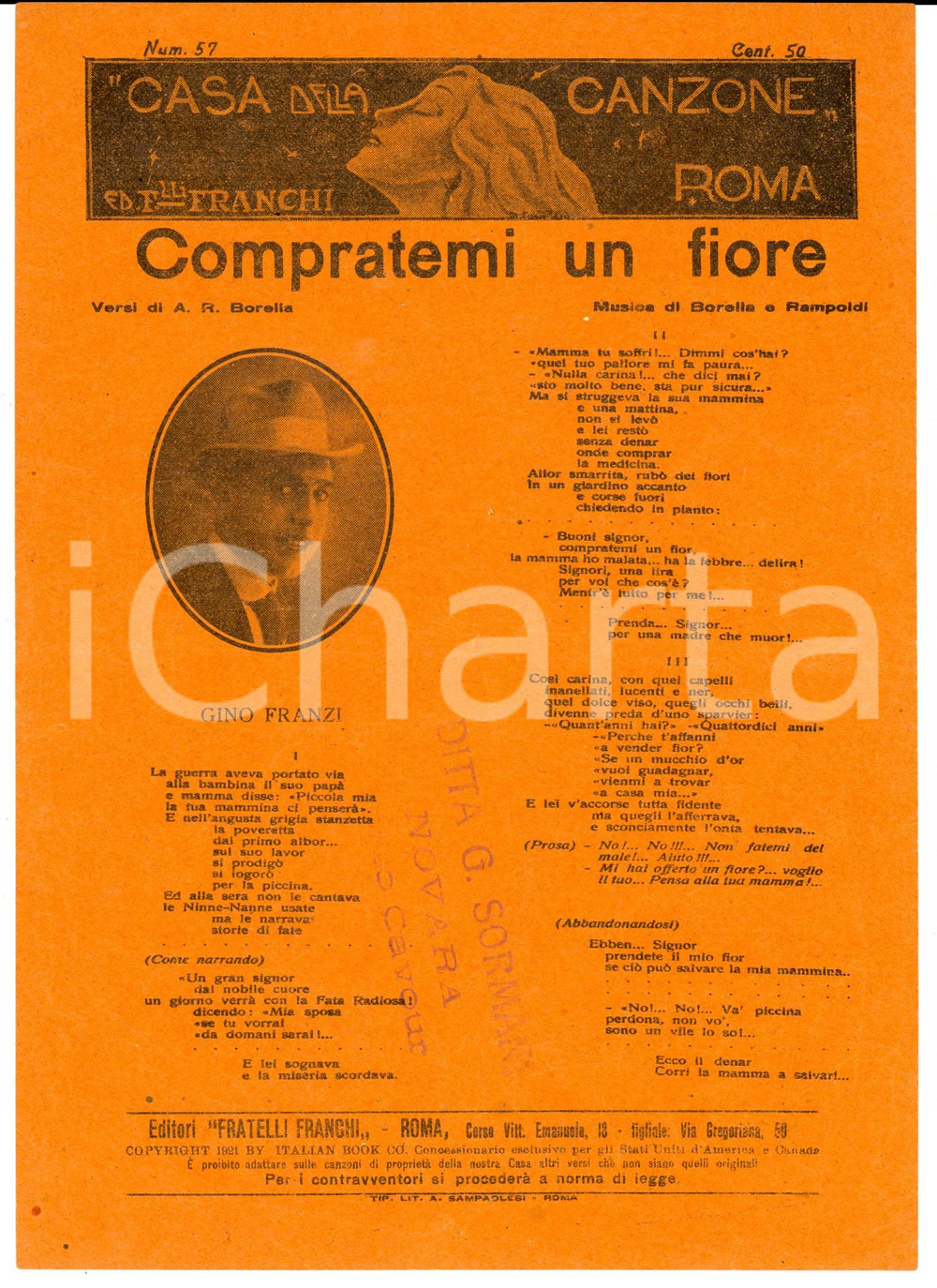Oggetto da collezione cartaceo 1921 Angelo Ramiro BORELLA Giuseppe RAMPOLDI Compratemi un fiore Spartito 1