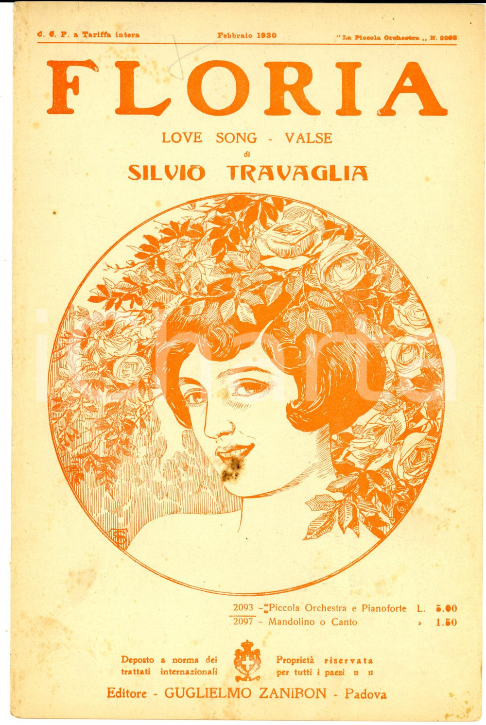 Oggetto da collezione cartaceo 1930 Silvio TRAVAGLIA Floria - Love song valse *Spartito d'epoca ZANIBON 1