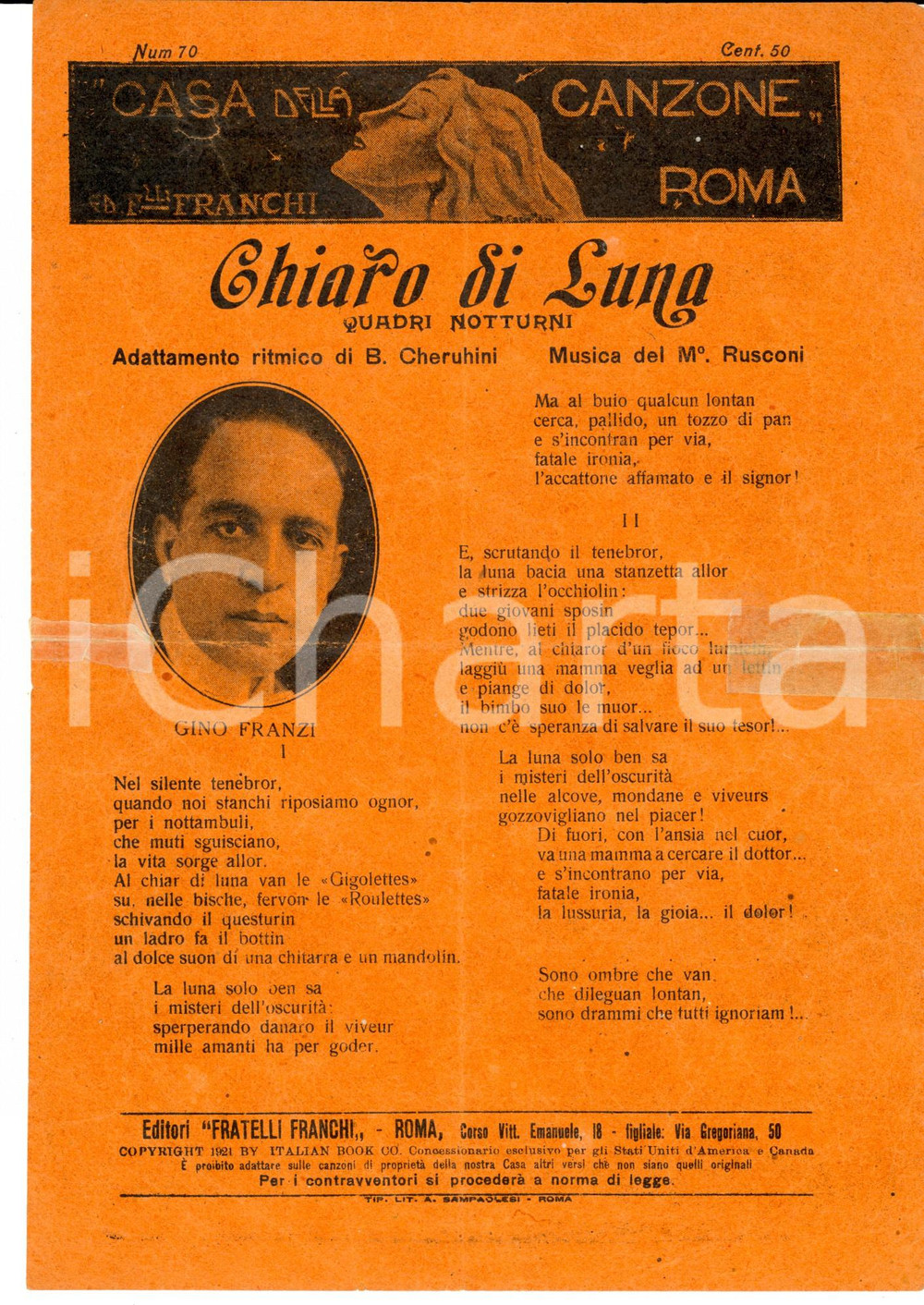 Oggetto da collezione cartaceo 1921 Bixio CHERUBINI E. RUSCONI Chiaro di luna *Spartito DANNEGGIATO 1