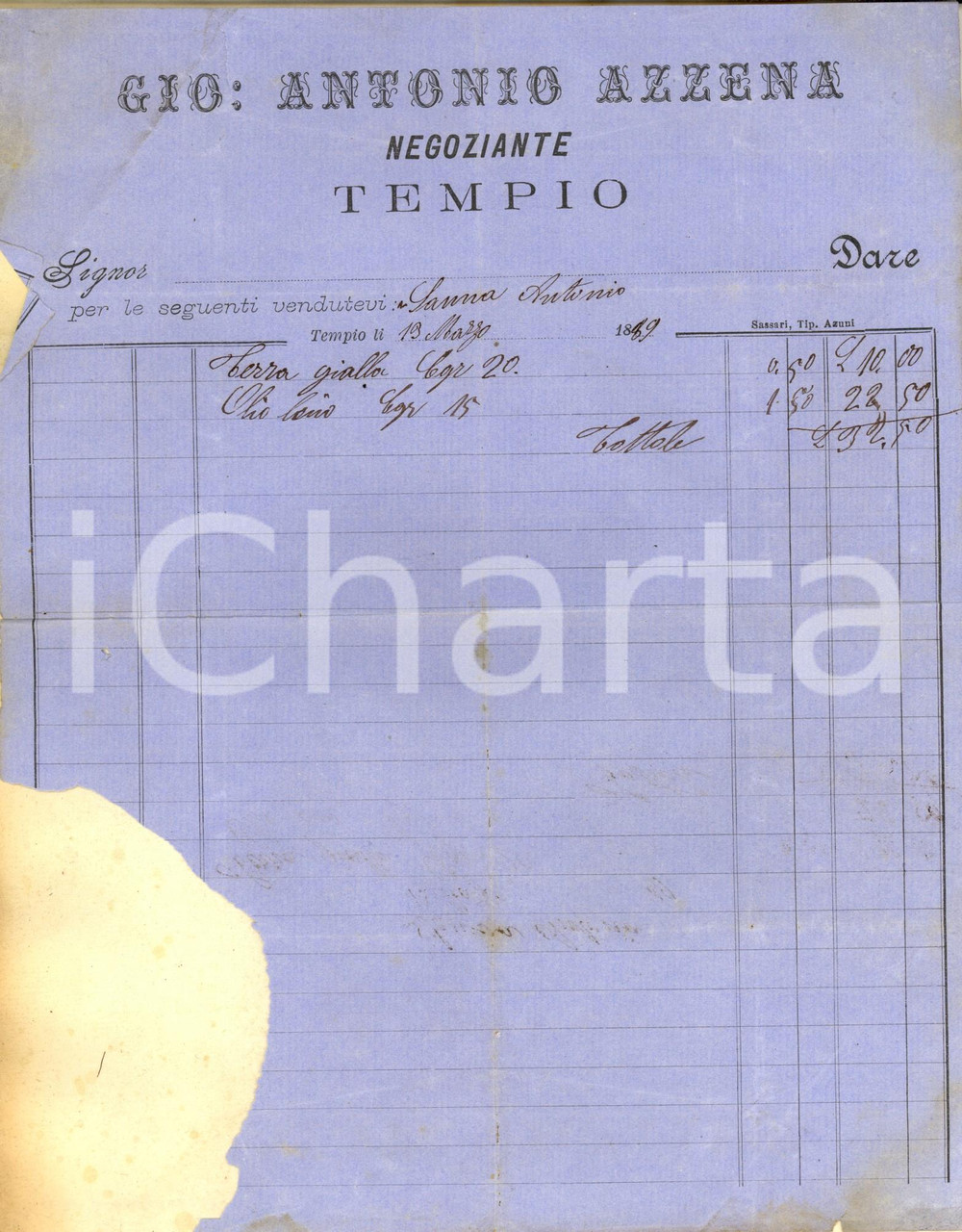 Documento originale, autentico 1889 TEMPIO PAUSANIA Giovanni Antonio AZZENA negoziante *Fattura DANNEGGIATA 1
