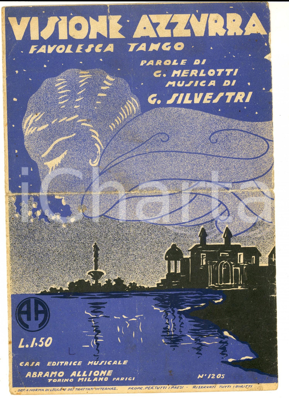 Oggetto da collezione cartaceo 1928 G. MERLOTTI Gino SILVESTRI Visione azzurra  *Spartito DANNEGGIATO ALLIONE 1