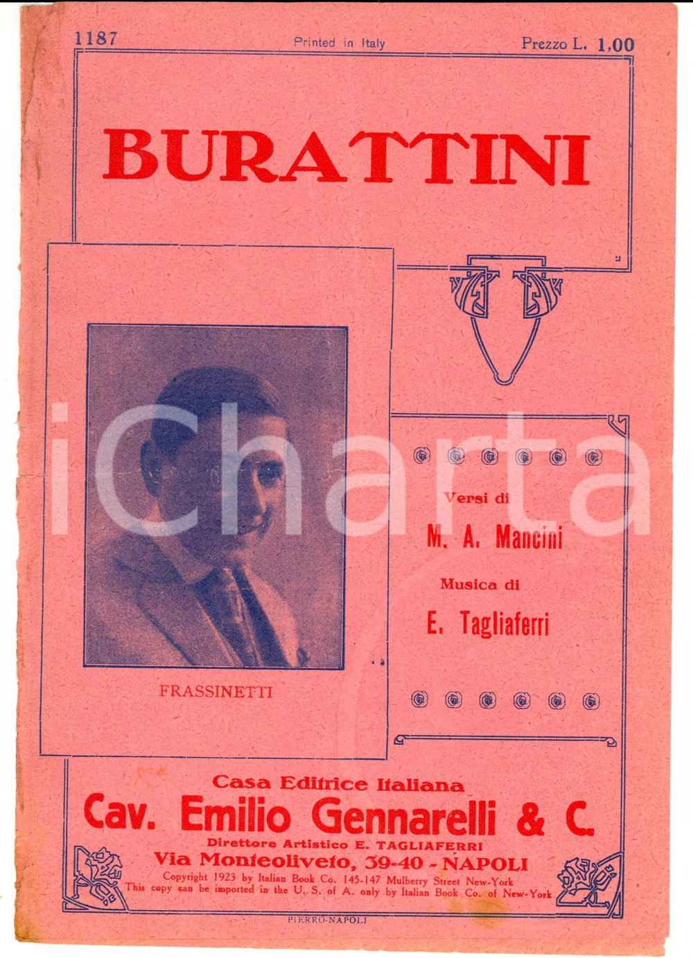 Oggetto da collezione cartaceo 1923 MANCINI - TAGLIAFERRI Burattini *Spartito musicale Emilio GENNARELLI 1