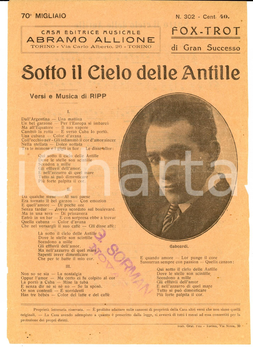 Oggetto da collezione cartaceo 1920 ca RIPP Sotto il cielo delle ANTILLE *Volantino con spartito ALLIONE 1