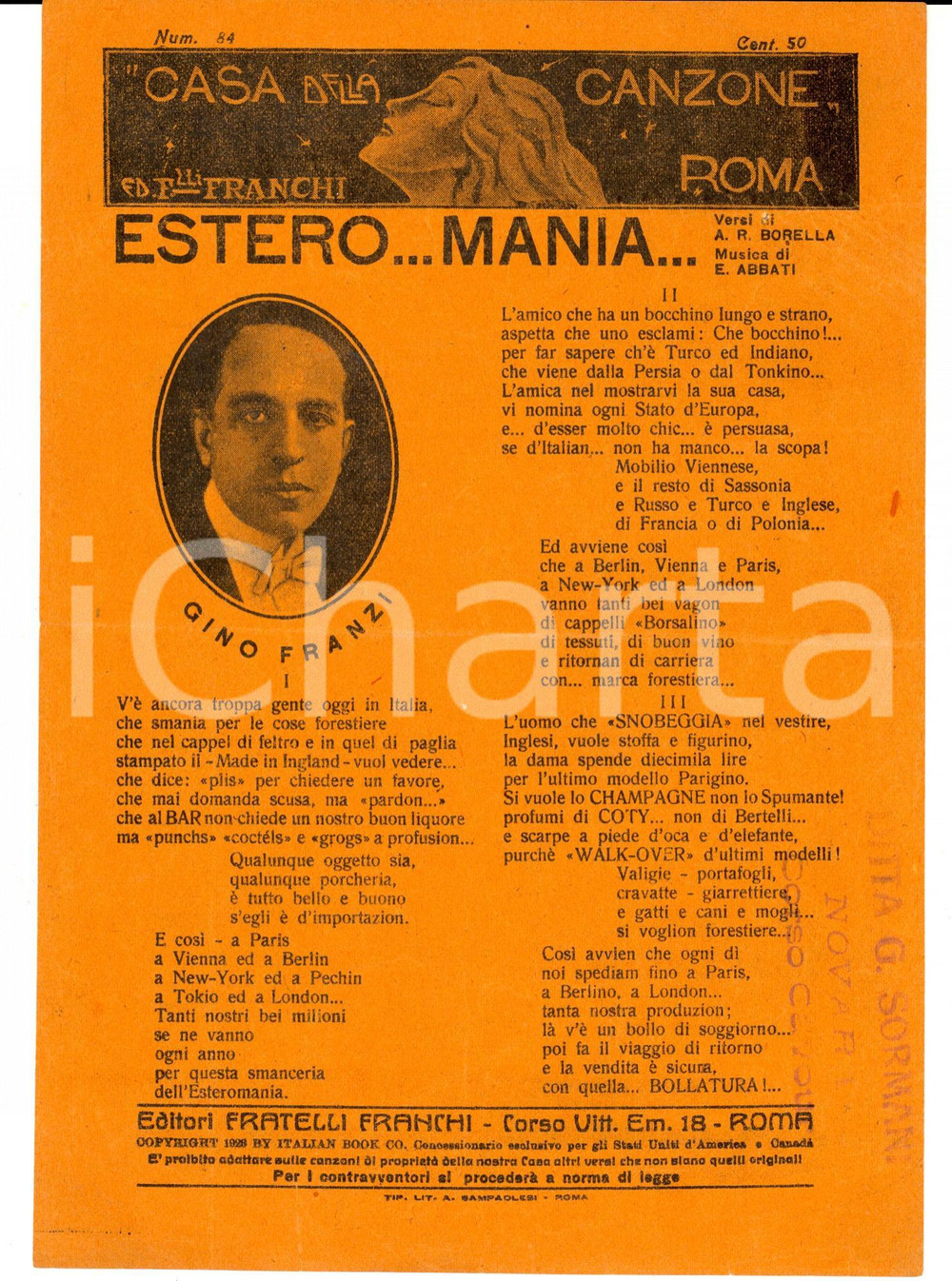 Oggetto da collezione cartaceo 1923 A. R. BORELLA - E. ABBATI Estero...mania GINO FRANZI *Spartito DANNEGGIATO 1
