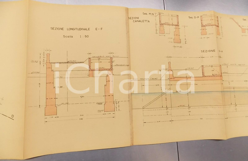 Mappa, planimetria storica 1940 ca BRONI Derivazione OLONETTA nel colatore ARFUGO *Pianta e sezioni 242x32 1
