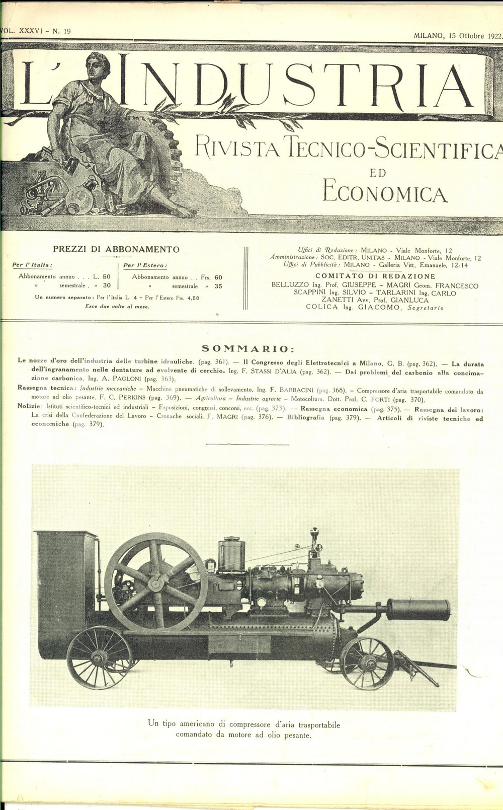 Giornale, rivista storica 1922 L INDUSTRIA Congresso elettrotecnici a Milano Rivista ILLUSTRATA nÂ°19 1