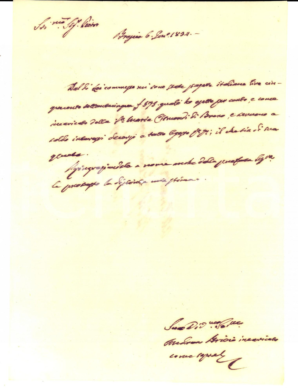 Documento originale, autentico 1834 BRENO (BS) Andrea BRIVIO rilascia ricevuta per conto di Maria CISMONDI 1