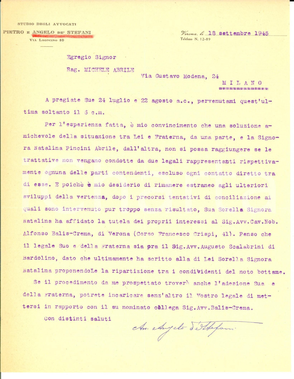 Manoscritto, lettera originale 1945 VERONA Avv. Angelo DE STEFANI cerca soluzione amichevole *Lettera 1