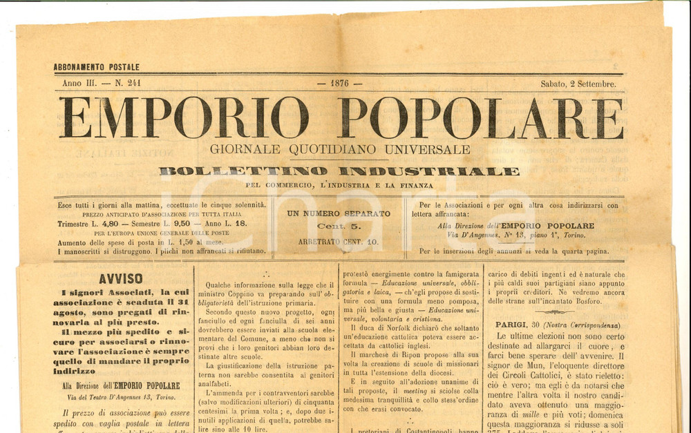 Giornale, rivista storica 1876 TORINO EMPORIO POPOLARE Cambiali false a firma del Re Anno III n° 241 1
