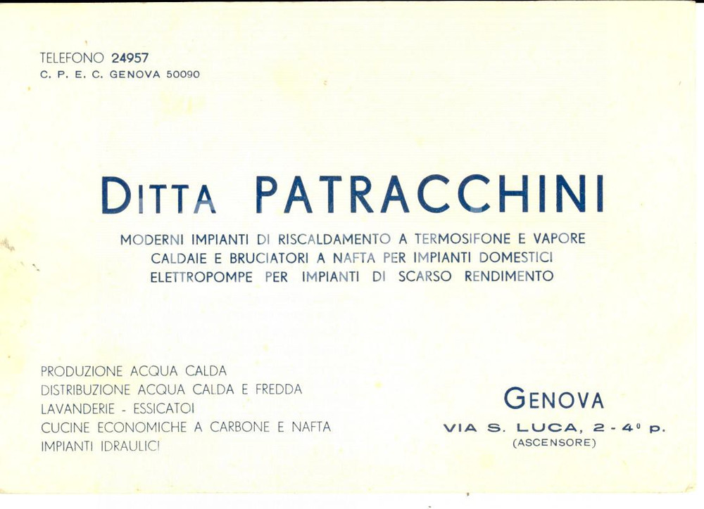 Materiale pubblicitario d’epoca 1950 ca GENOVA Ditta PATRACCHINI Impianti di riscaldamento *Cartoncino 1
