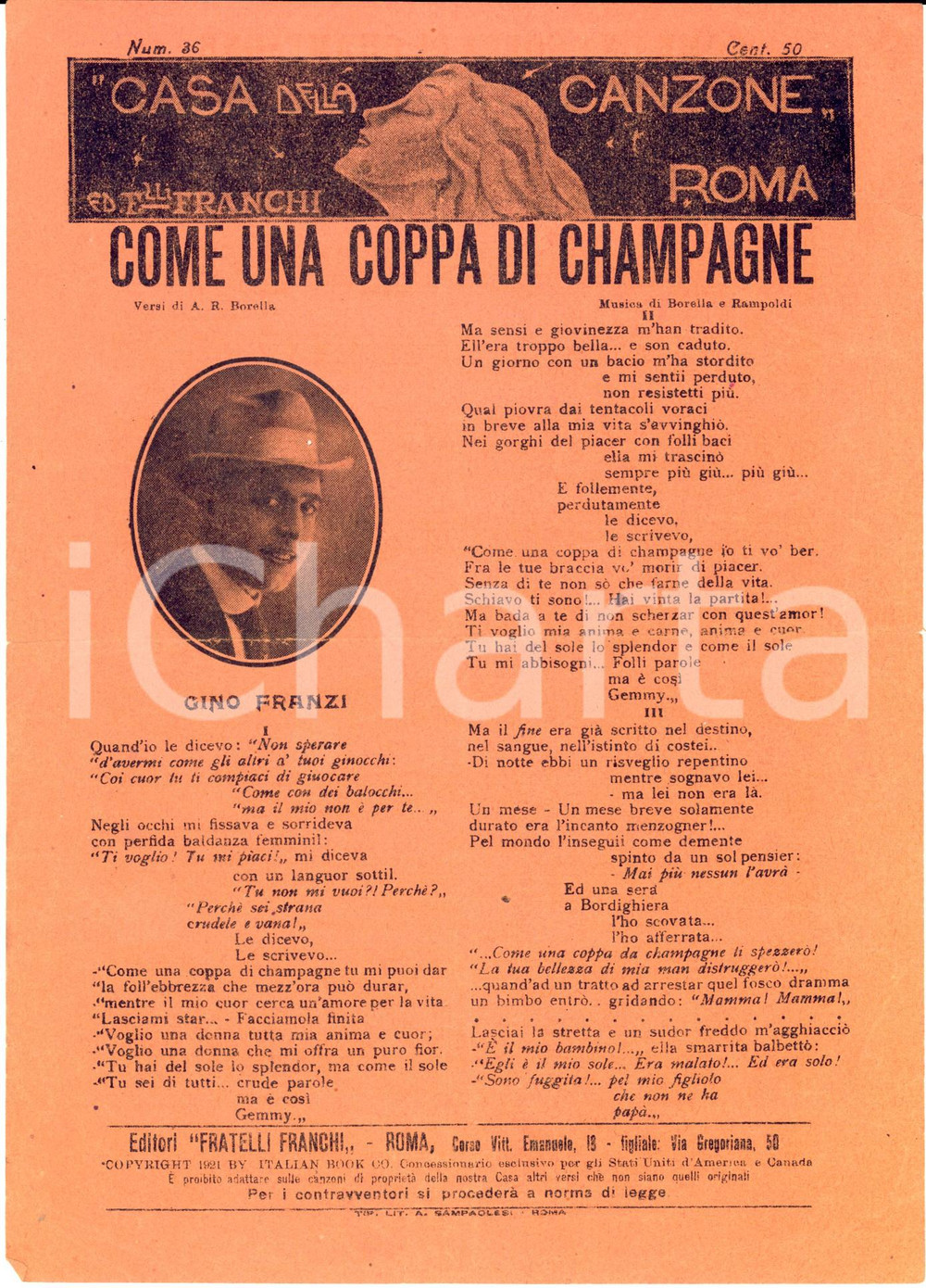 Oggetto da collezione cartaceo 1921 A. R. BORELLA Giuseppe RAMPOLDI Come una coppa di champagne *Spartito 1