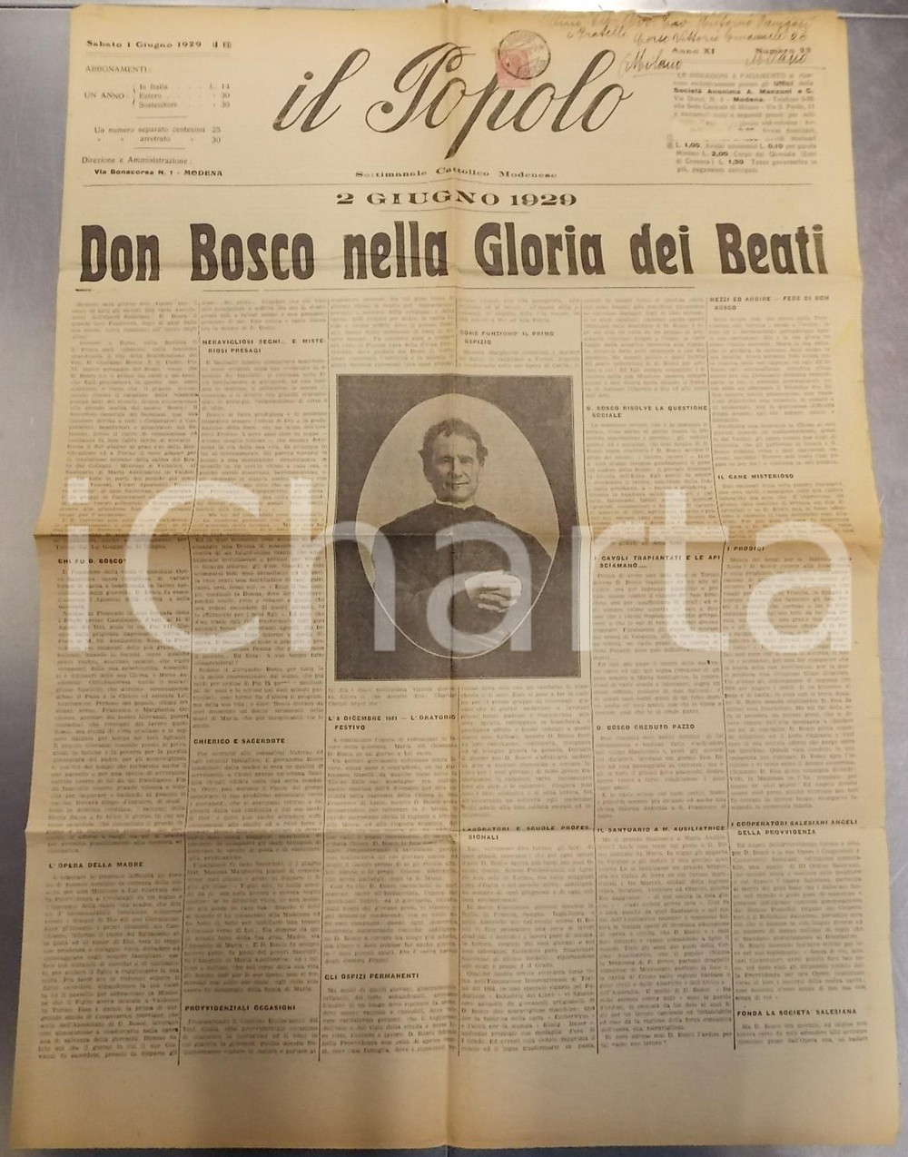 Giornale, rivista storica 1929 MODENA IL POPOLO Don Bosco nella gloria dei beati *Giornale Anno XI nÂ°22 1