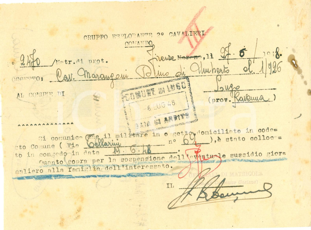 Documento originale, autentico 1948 LUGO (RA) Gruppo Esplorante 2Â° Cavalieri Dino MARANGONI in congedo 1