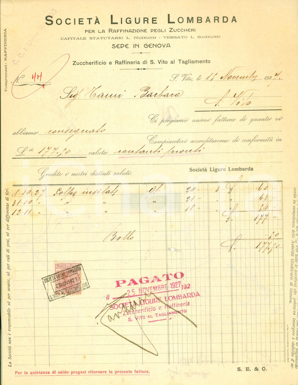 Documento originale, autentico 1927 GENOVA SocietÃ  Ligure Lombarda Raffinazione Zuccheri Fattura DANNEGGIATA 1