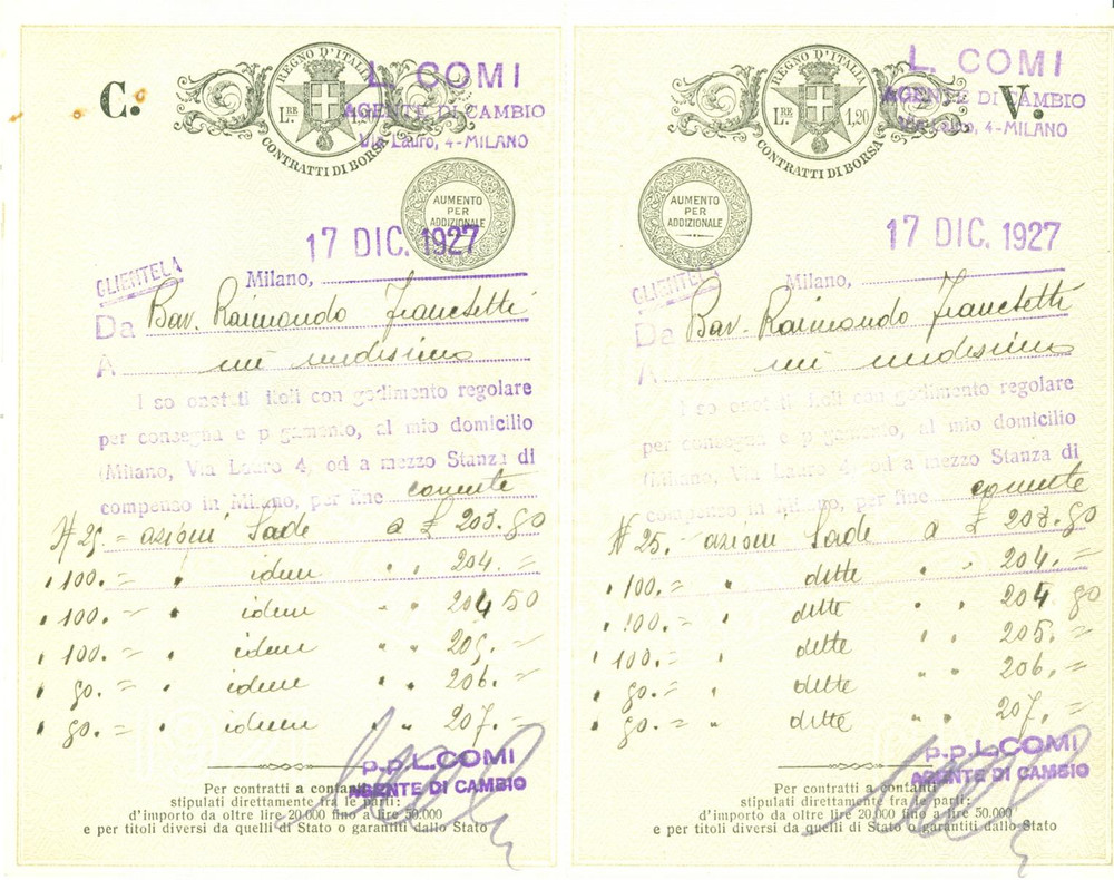 Oggetto da collezione cartaceo 1927 MILANO Contratti di borsa Luigi COMI agente cambio Azioni SADE ElettricitÃ  1
