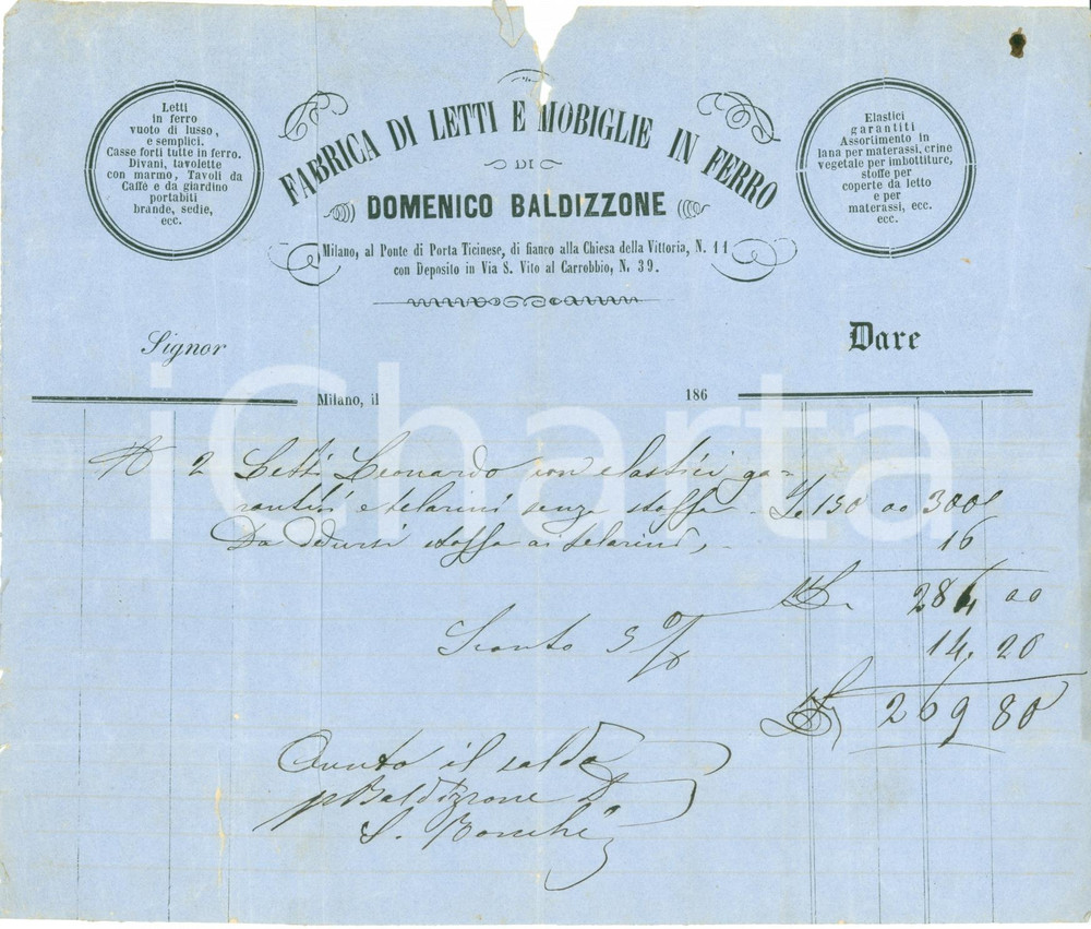 Documento originale, autentico 1865 ca MILANO Domenico BALDIZZONE letti e mobilie in ferro Fattura DANNEGGIATA 1